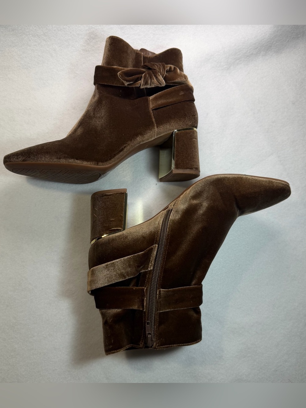 Alex Marie Brown Velvet Bow Ankle Boots Gold Heel Size 10M